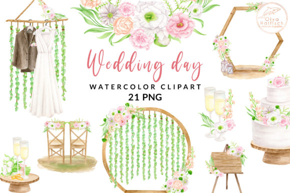 Elegant Wedding Day Watercolor Clipart for DIY Stationery